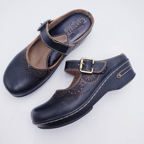 L'Artiste by Spring Step Aneria Black Leather Buckled Clogs Slip On Open Back 38 - Picture 1 of 10